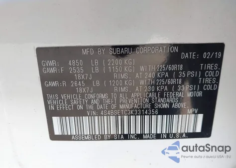 2019 Subaru Outback 3.6R Touring z USA, uszkodzony, nr VIN 4S4BSETC3K3314356